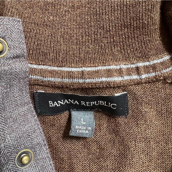 Banana Republic Men's Large Merino Wool Tipped Snap-Placket Sweater Dark Brown - Picture 4 of 9